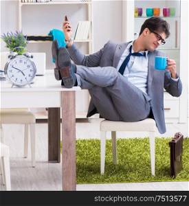 Businessman late for office due to oversleeping after overnight working. Businessman late for office due to oversleeping after overnight