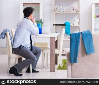 Businessman late for office due to oversleeping after overnight working. Businessman late for office due to oversleeping after overnight