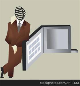 Businessman leaning against a presentation board