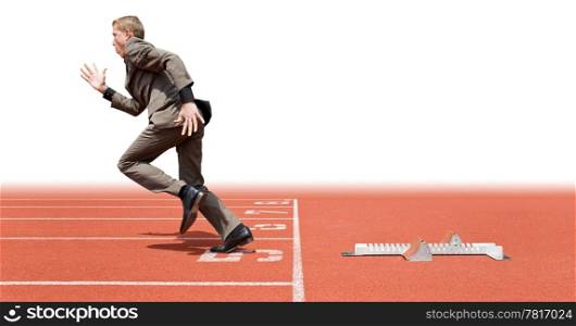 Businessman leaving the starting blocks - a metaphor of starting a new business, off on a good start