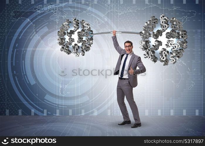 Businessman lifting barbell with dollars