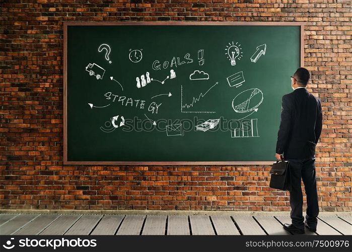 Businessman looking and thinkin front of a chalkboard brick wall with the development graph strategy . Business metaphor of solution concept .