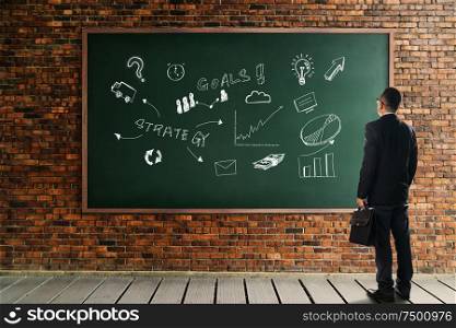 Businessman looking and thinkin front of a chalkboard brick wall with the development graph strategy . Business metaphor of solution concept .