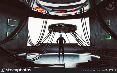 Businessman looking and thinking front of high technology control room with blank big screen . Mixed media .