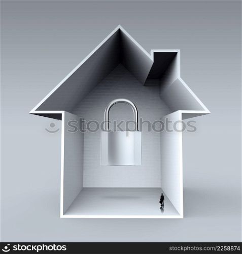 businessman looking at 3d house with padlock icon as insurance concept
