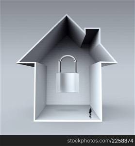 businessman looking at 3d house with padlock icon as insurance concept