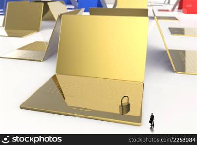 businessman looking at 3d laptop computer with padlock as Internet security online business concept