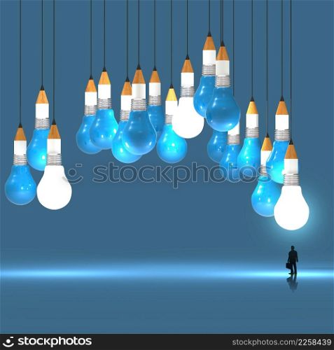 businessman looking at 3d pencil and light bulb concept creative and leadership as concept