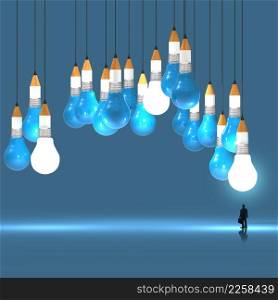 businessman looking at 3d pencil and light bulb concept creative and leadership as concept