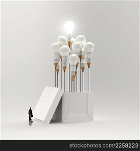 businessman looking at 3d pencil and light bulb concept outside the box as creative and leadership concept 