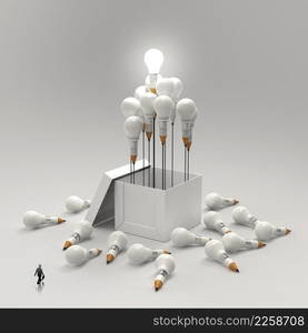 businessman looking at 3d pencil and light bulb concept outside the box as creative and leadership concept