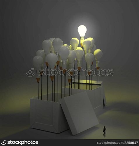 businessman looking at 3d pencil and light bulb concept outside the box as creative and leadership concept
