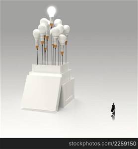 businessman looking at 3d pencil and light bulb concept outside the box as creative and leadership concept