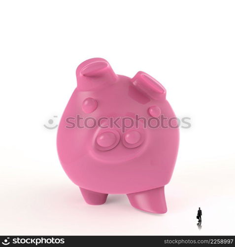 businessman looking at 3d piggy bank standing as concept 