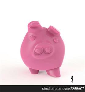businessman looking at 3d piggy bank standing as concept 