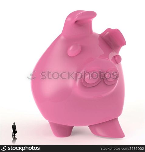businessman looking at 3d piggy bank standing as concept