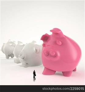 businessman looking at 3d piggy bank standing as concept