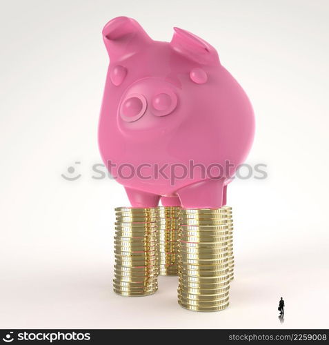 businessman looking at 3d piggy bank standing on coins as concept