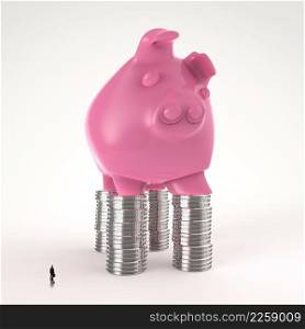 businessman looking at 3d piggy bank standing on coins as concept