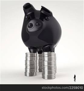 businessman looking at 3d piggy bank standing on coins as concept