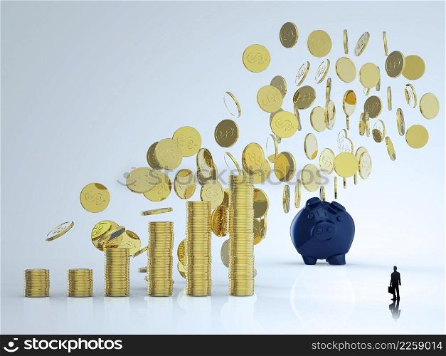 businessman looking at 3d piggy bank with falling coins as concept
