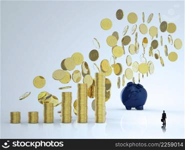 businessman looking at 3d piggy bank with falling coins as concept