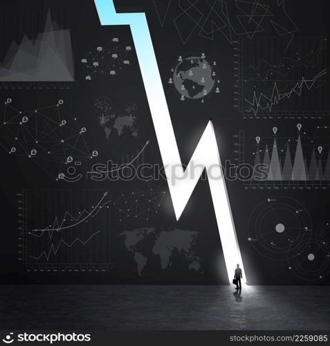 businessman looking at opened concrete wall in form of business graph with hand drawn business strategy as concept