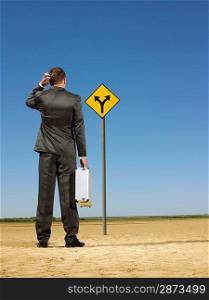 Businessman looking at road sign in desert back view