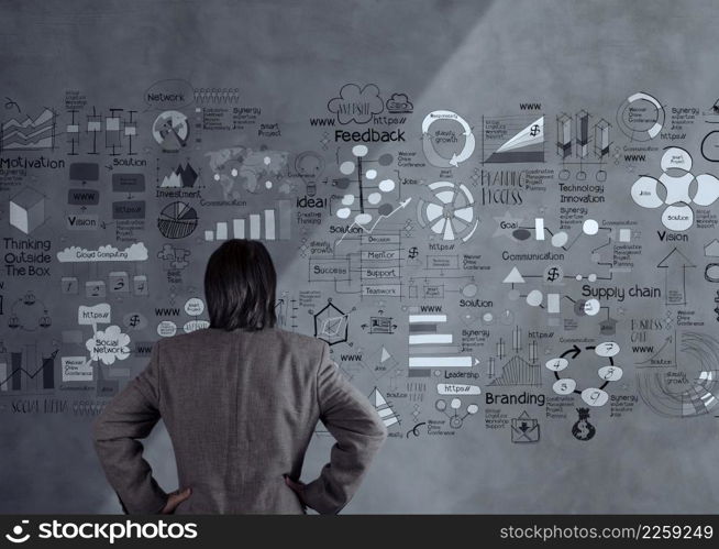 businessman looking at wall and business strategy as concept