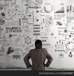 businessman looking business concept and strategy on texture wall background as concept 