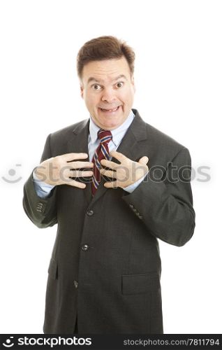 "Businessman looking surprised and pointing to himself as if to say "who me?" Isolated on white. "