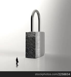 businessman looking to 3d metal padlock as security concept