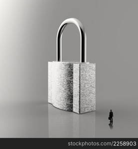 businessman looking to 3d metal padlock as security concept