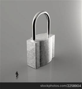 businessman looking to 3d metal padlock as security concept