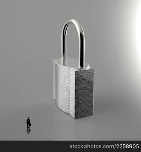 businessman looking to 3d metal padlock as security concept