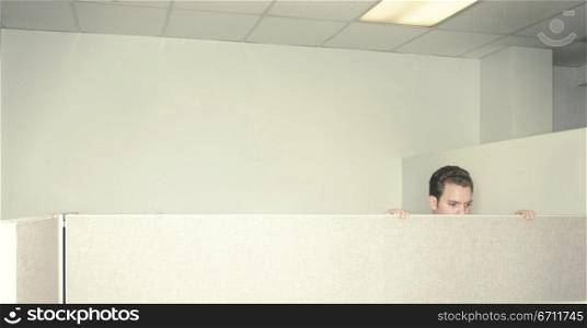 Businessman looks over the cubical wall at his coworkers in their cubicals