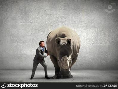 Businessman making effort to move big rhino. Overcoming difficulties