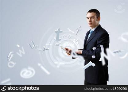 Businessman making presentation against modern technology background
