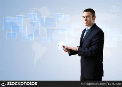 Businessman making presentation against modern technology background