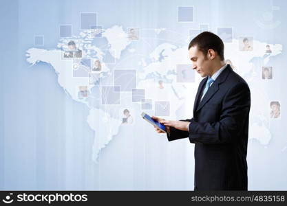 Businessman making presentation against modern technology background. Businessman making presentation