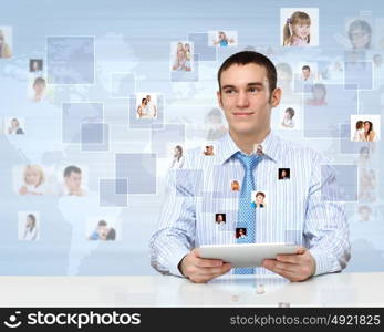 Businessman making presentation against social network bacjkground