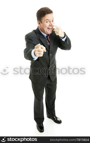 "Businessman making the "on the nose" gesture from the game charades. Full body isolated on white. "