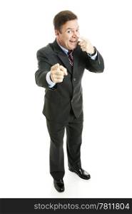 "Businessman making the "on the nose" gesture from the game charades. Full body isolated on white. "