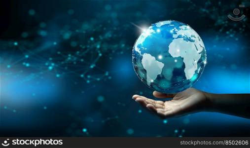 Businessman man holding crystal digital world. Global network connection, Big data analytic, Business intelligence and Technology connection concept.