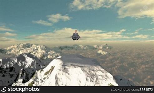 Businessman meditating on top of the mountain, slowly rising