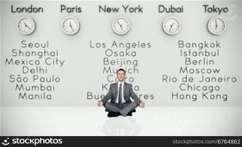 Businessman Meditating with World Clocks and Big Cities on Background