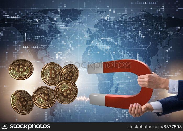 Businessman mining bitcoins with horseshoe magnet