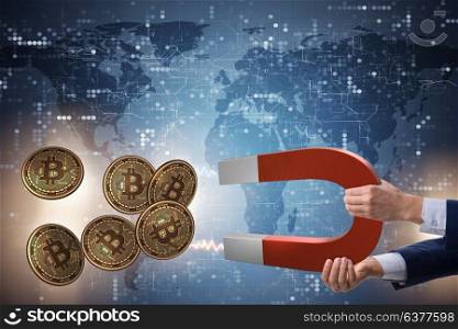 Businessman mining bitcoins with horseshoe magnet