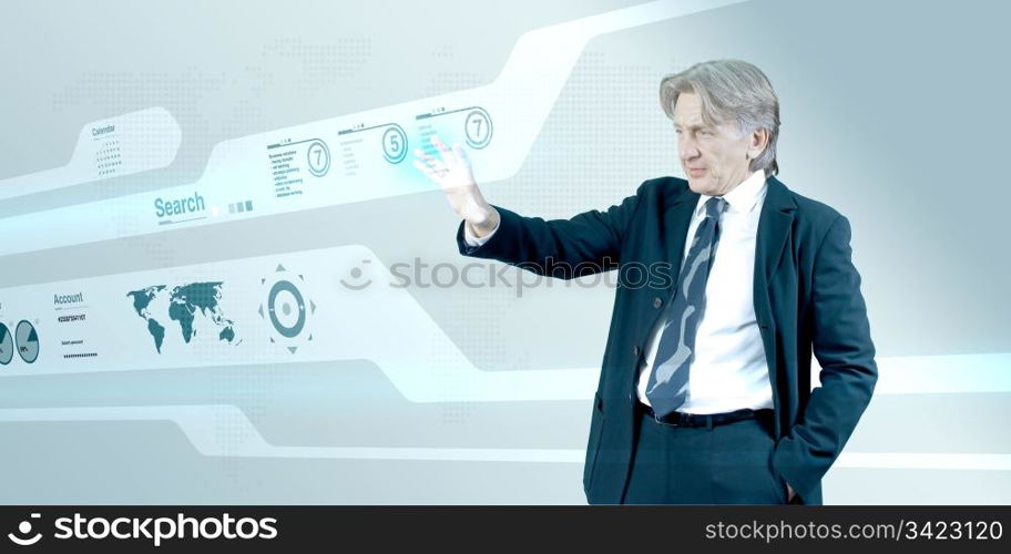 Businessman navigating interface in future (outstanding business people in interiors / interfaces series)