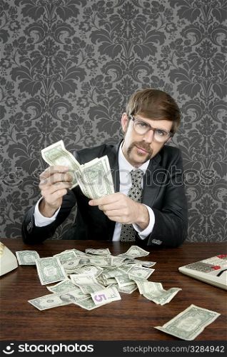 businessman nerd accountant dollar notes on vintage wallpaper office